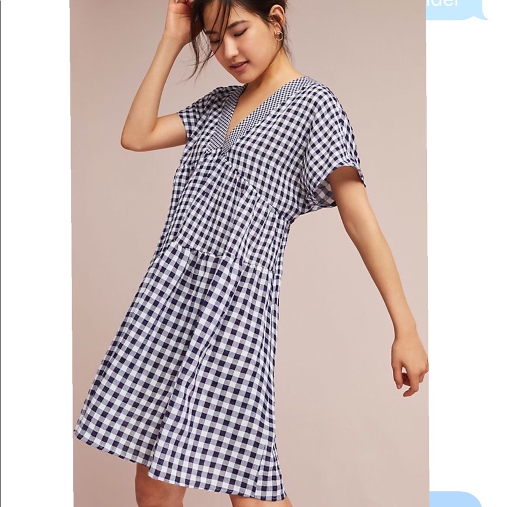 Anthropologie Blue Gingham V-Neck Swing Dress XL